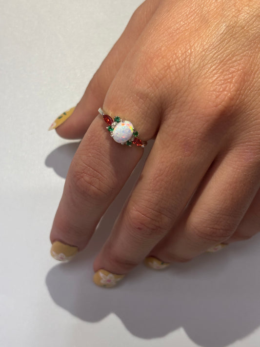 925 Sterling Silver Opal Emerald Ring October Birthstone