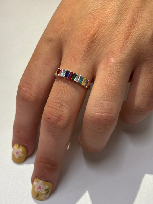 925 Sterling Silver Rainbow Sapphire Baguette Ring