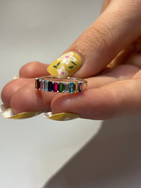 925 Sterling Silver Rainbow Sapphire Baguette Ring